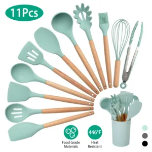 11Pcs Silicone Cooking Utensil Set,Heat Resist Wooden Handle Silicone Spatula Ladle,Tongs Spoon Egg whisk Kitchenware Set