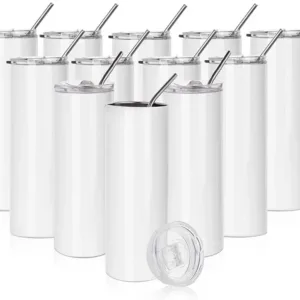 12Pack Sublimation Tumblers Blanks Skinny White 20OZ Straight Bulk Stainless Steel Cups with Metal Straw and Lid