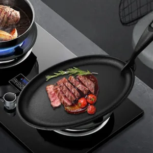 Cast Iron 10.6 X 6.89in Sizzler Pan Oval Shape Fajita Skillet Sizzle Griddle Fajita Server Plate Griddle Pan for Home Restaurant