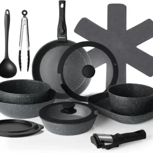 20 Pcs Pots and Pans Set Non Stick, Cookware Sets with Detachable Handle, Granite Induction RV Kitchen Cooking Set
