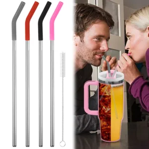 4Pcs Stainless Steel Straw with Silicone Tip Cleaning Brush Reusable Metal Straws with Silicone Tips for Stanley 40oz Tumbler