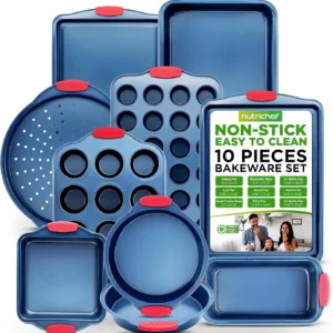 10-Piece Nonsti Bakeware Set - Premium Carbon Steel Baking Pans W/Silicone Handles - Ludes Pizza Tray, 12 & 24 Cup Muffin Pans,