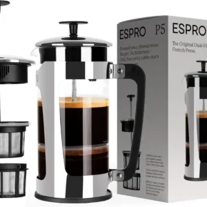 P5 French Press Coffee Maker - Patented Double Microfilter for Sludge and Grit Free Coffee, Black, 32 oz