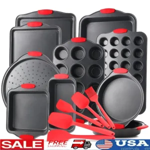 15 Piece Nonstick Carbon Steel Bakeware Set Baking Tray Silicone Handles Oven Safe Cookie Sheets Pans Muffins Loaf Pan