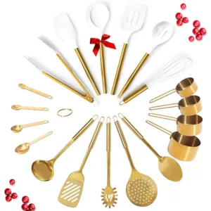 Gold Kitchen Utensils Set - 19-Piece Set Ludes Stainl Steel Gold Utensils, White Silicone Tools, And Measuring Cups And Spoons