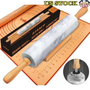 Marble Rolling Pin Set with Silicone Baking Mat Non Stick 16 5 Inch Dough Roller Pizza Cookies Pastry Cooking
