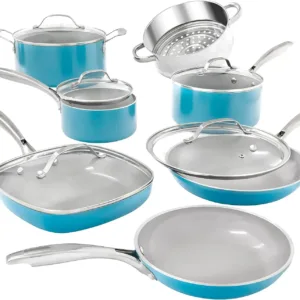 Blue Pots and Pans Set, 12 Piece Nonstick Ceramic Cookware, Includes Frying Pans, Stockpots & Saucepans, Stay Cool Handles