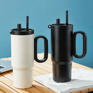 30oz Insulated Tumbler With Handle And Lid Straws, Stainless Steel Travel Coffee Cup Holder Friendly, Metal Water Bottle Keeps D