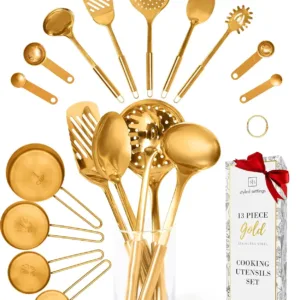 Gold Cooking Utensils With Gold Measuring Cups And Spoons Set (13-Pieces), Gold Kitchen Accessories With Metal Measuring Cups
