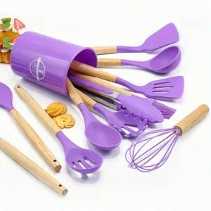 Silicone Cooking Utensils Set With Wooden Handle, Colorful Non-stick Pot Special Tools Set, Heat Resistant Turner, Tongs