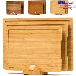 Bamboo Cutting Boards Set with Holder Kitchen Meal Prep Charcuterie Chopping Board Eco-Friendly Durable Non-Slip 3-Pack