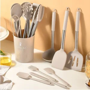 15Pcs Steel Handle Silicone Kitchen Utensils Set Wood Handle Heat Resistant Non-Stick Kitchen Cookware Tongs Spatula Egg Beaters